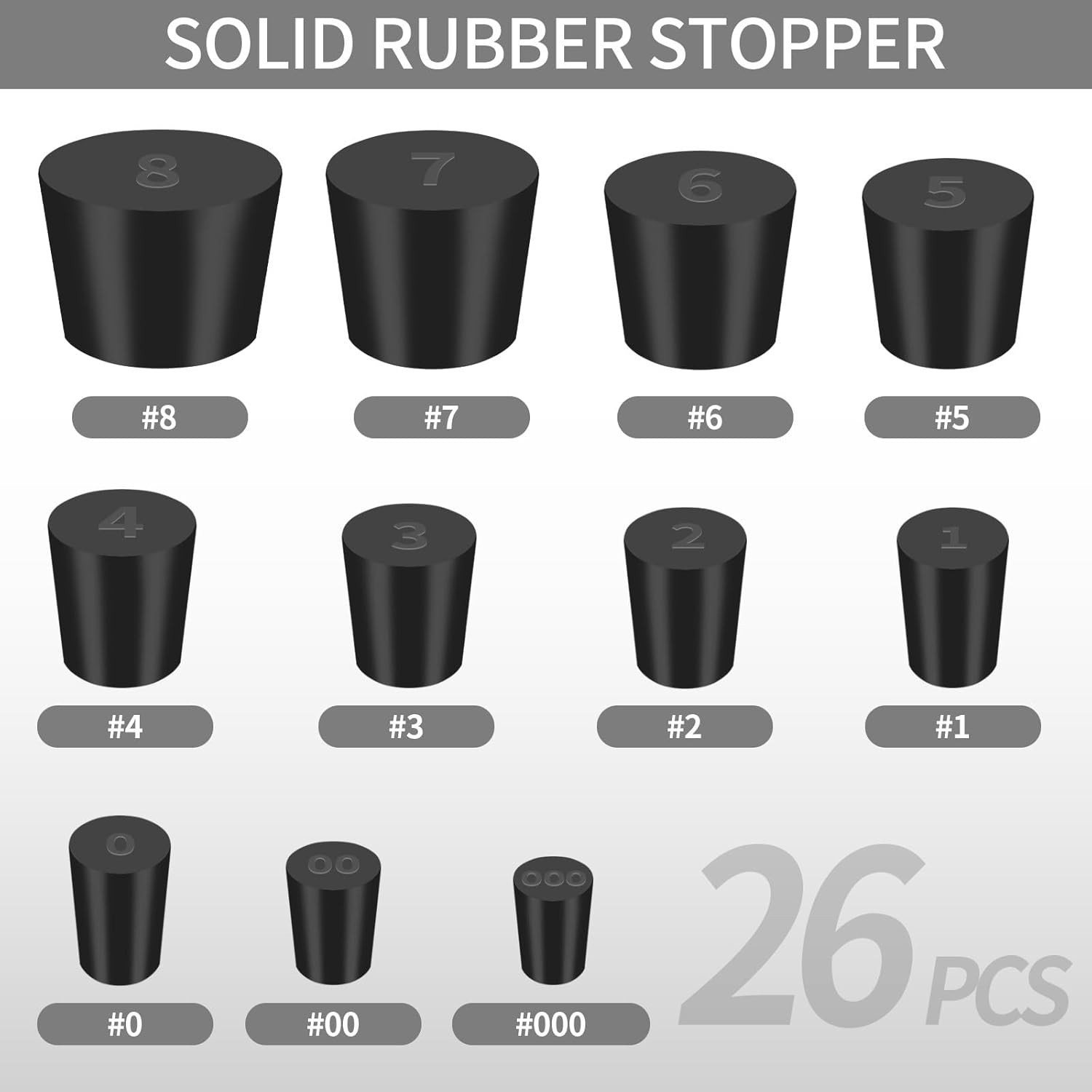 26 PCS Solid Rubber Stoppers, 11 Assorted Sizes(000# – 8#) Tapered Lab Bungs …