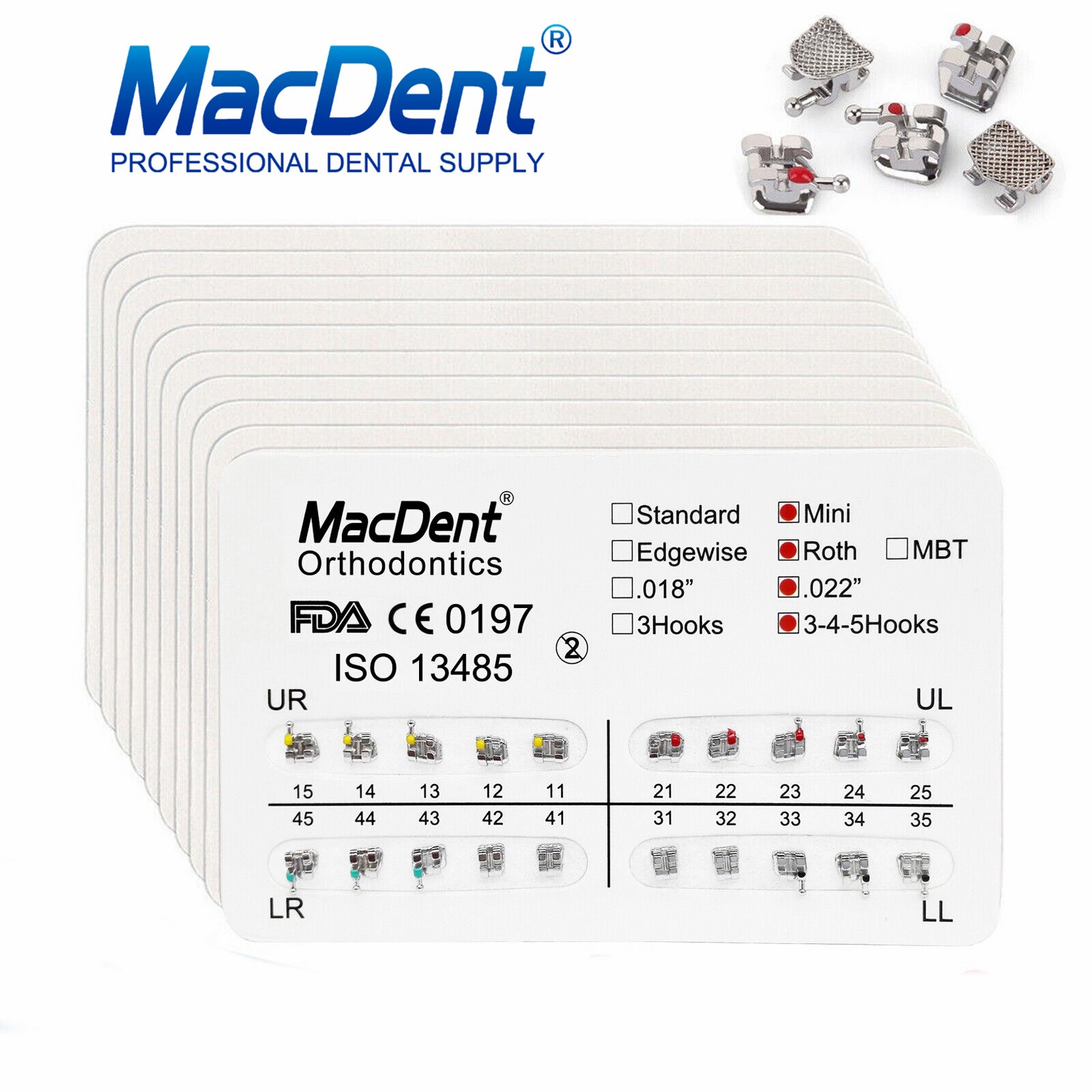 MacDent Dental Orthodontic Brackets Braces Mini Roth MBT Slot 022/018 Hooks 345
