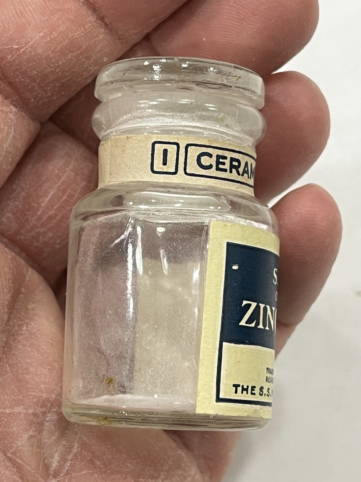 S.S. White “Zinc Cement Ceramic Light” Dental Glass Stopper Bottle