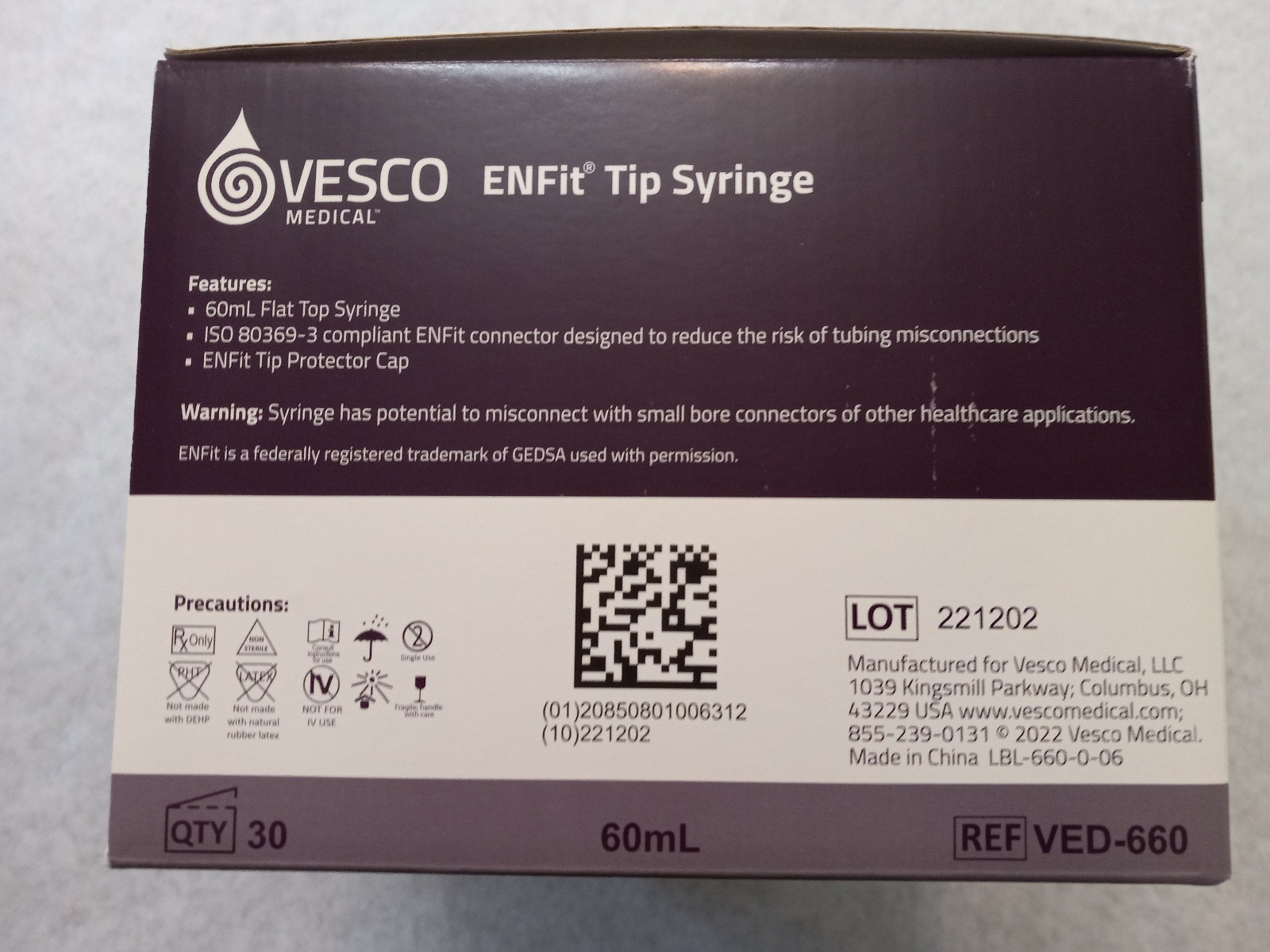 vesco enfit tip 60ml syringes, 30ct/box, New, individually wrapped plunger-type