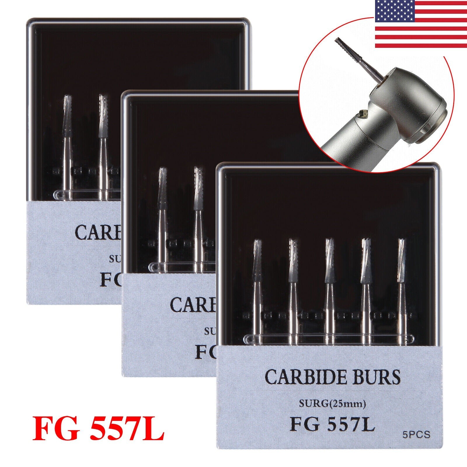 3 packs Dental Long Surgical Burs FG #557L 25mm Shank Tungsten Carbide USA