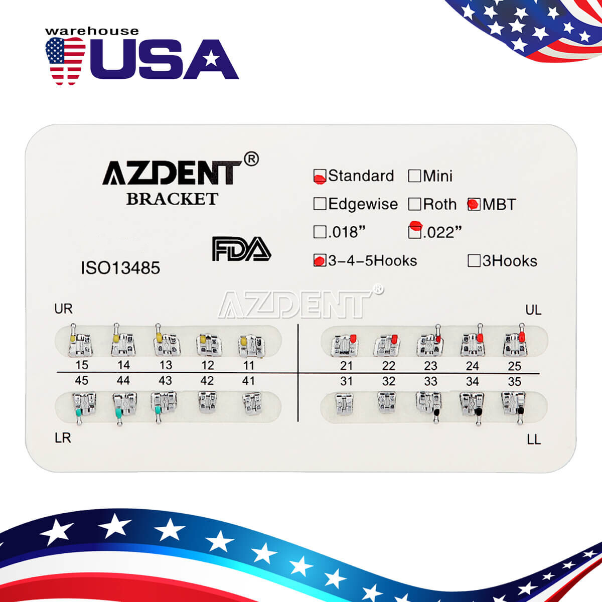 AZDENT Dental Orthodontic Bracket Braces Standard MBT Slot .022 Hooks 3-4-5