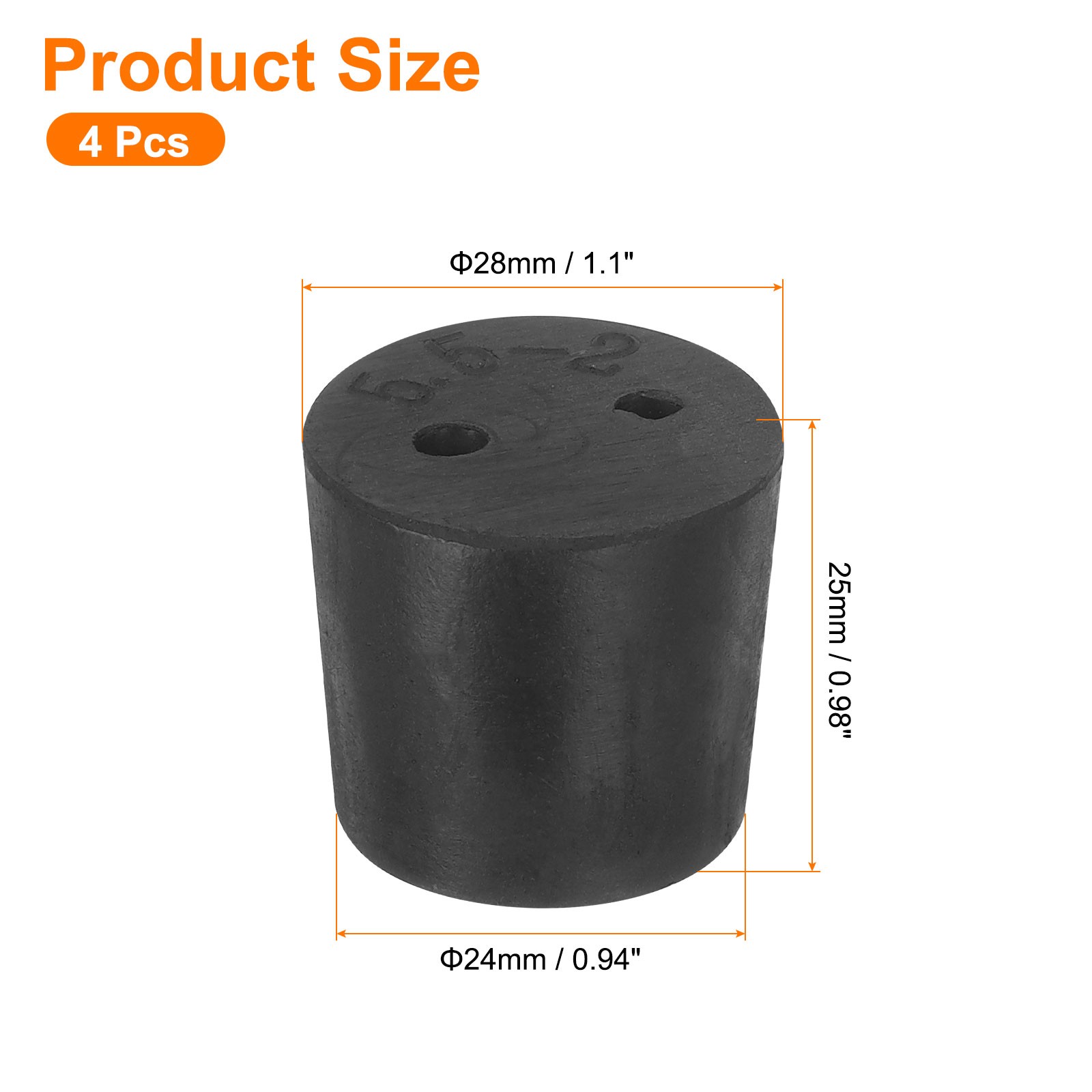 4 Pcs 2-Hole Rubber Stopper, Tapered Seal Tube Stopper Plug, 28x24x25mm Black