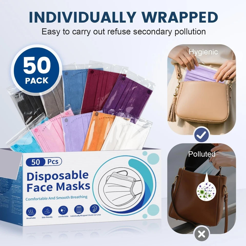 Disposable Face Mask for Adults – 4 Ply Protection, Individually Wrapped 50 Pack