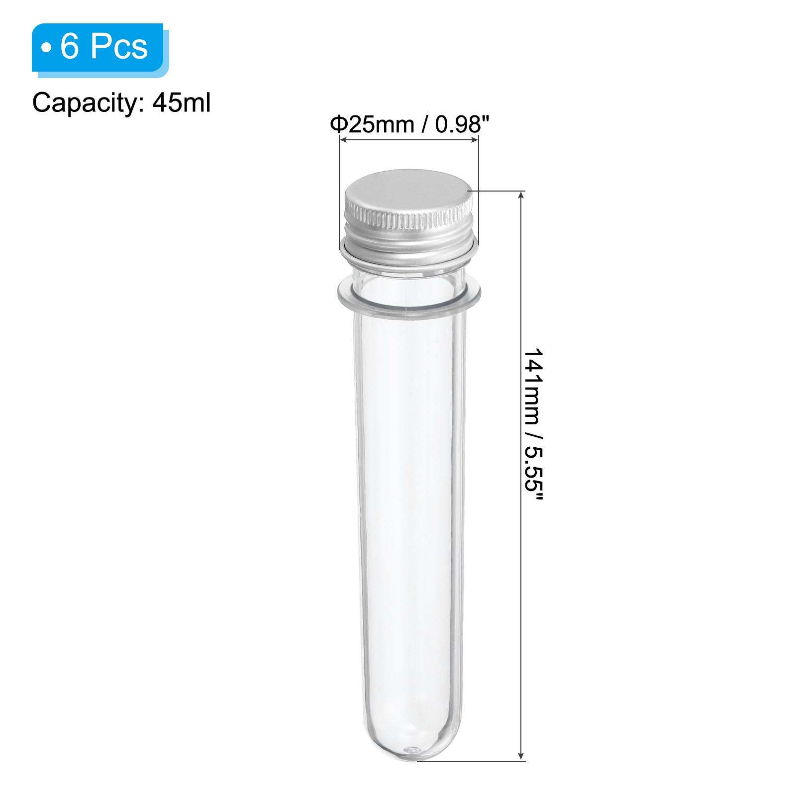 45ml Plastic Test Tubes with Screw Caps, 6Pcs 141x25mm Tubes, Silver Tone