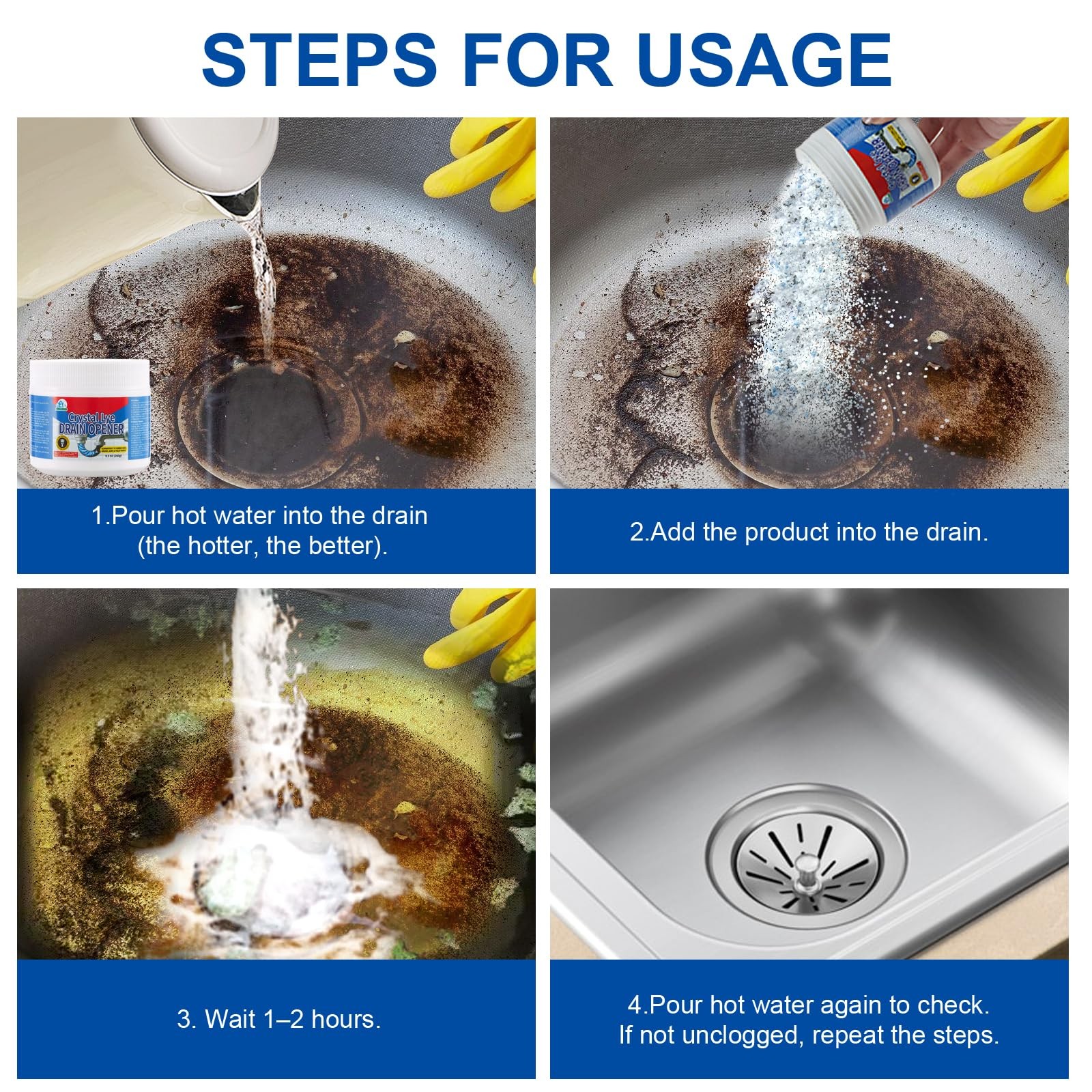 BELL BIRD Drain Opener,Powerful Unclogging,Crystal lye, Sodium 1 PSC