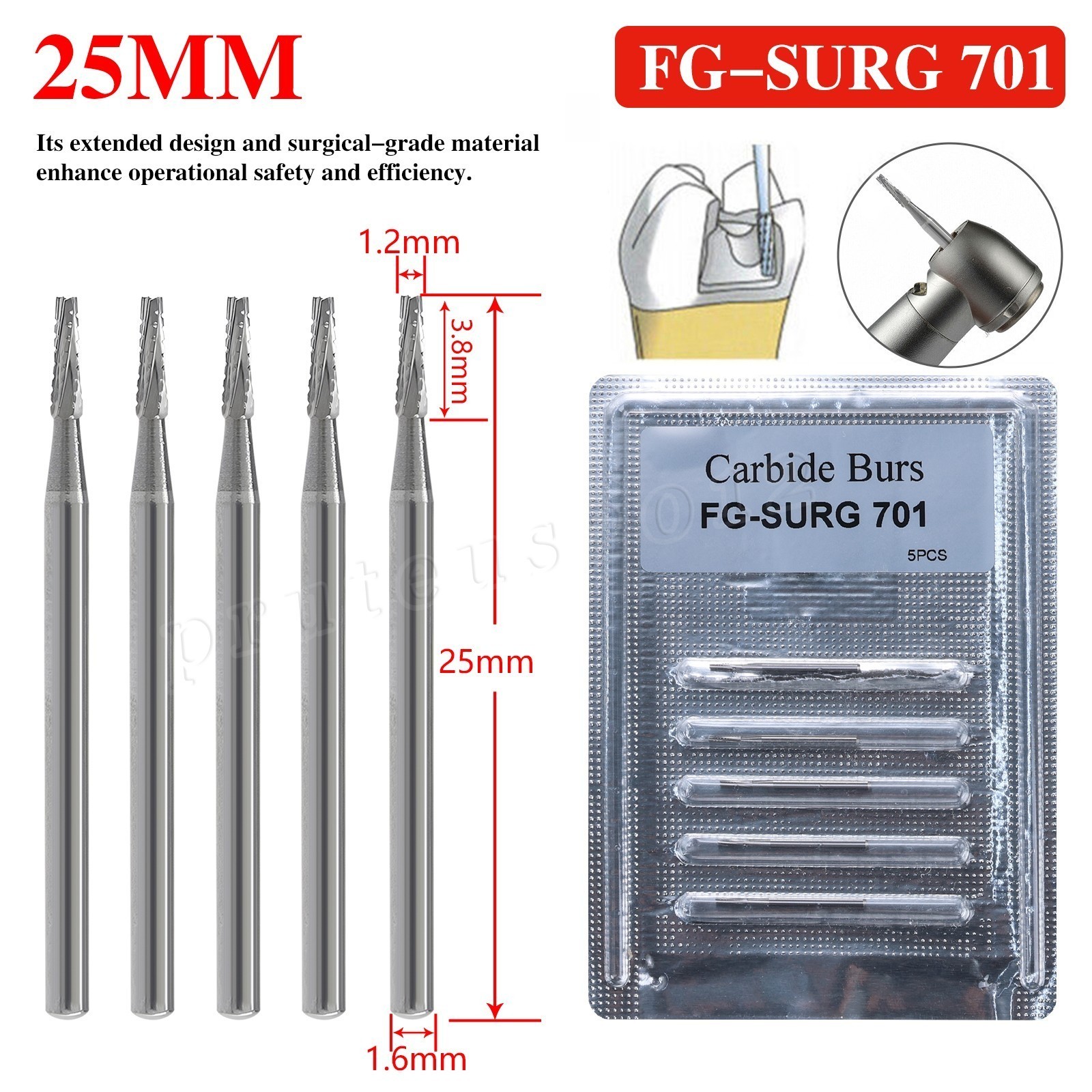 Dental Surgical Burs 25mm Carbide Bur FG SURG Taper Fissure FG 701 High Speed