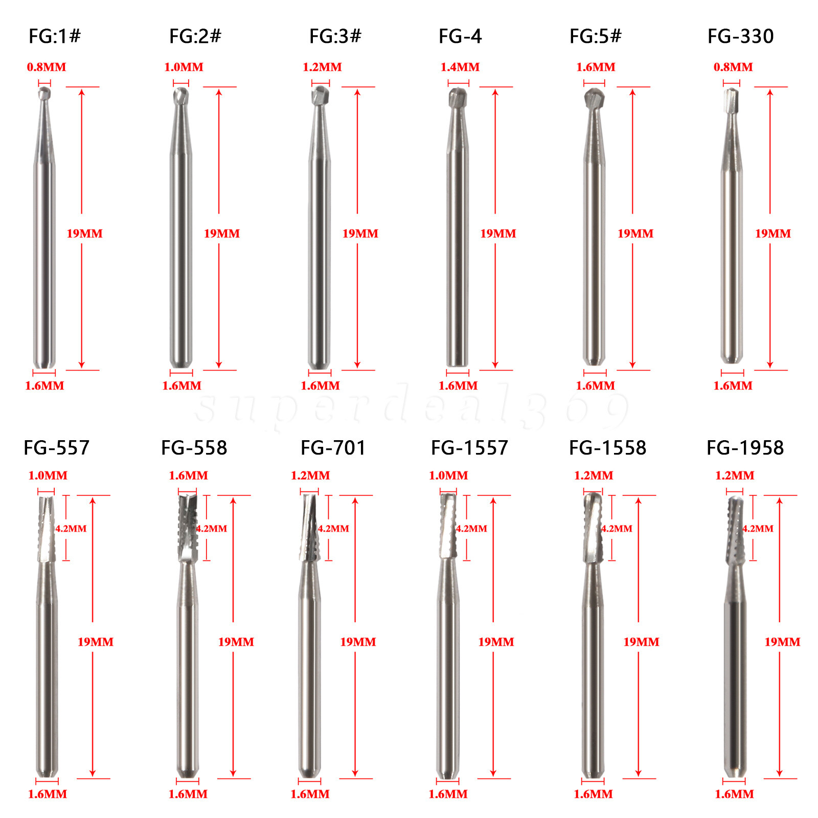 15 Types Dental Carbide Bur Drill FG Tungsten Round for High Speed Handpiece DN