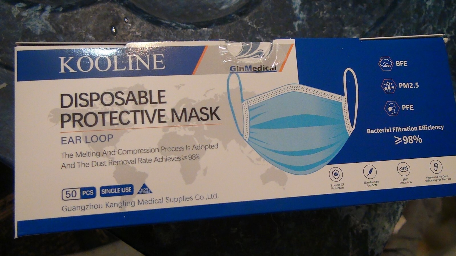 50 Pcs Sealed Disposable 3 Ply Medical Ear-Loop Face Masks ASTM L-1 Blue RFE 98%