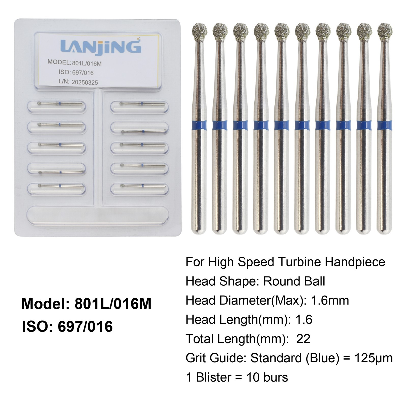 Dental Round Diamond Bur FG Long Shank Surgical Diamond Burs High Speed 801L