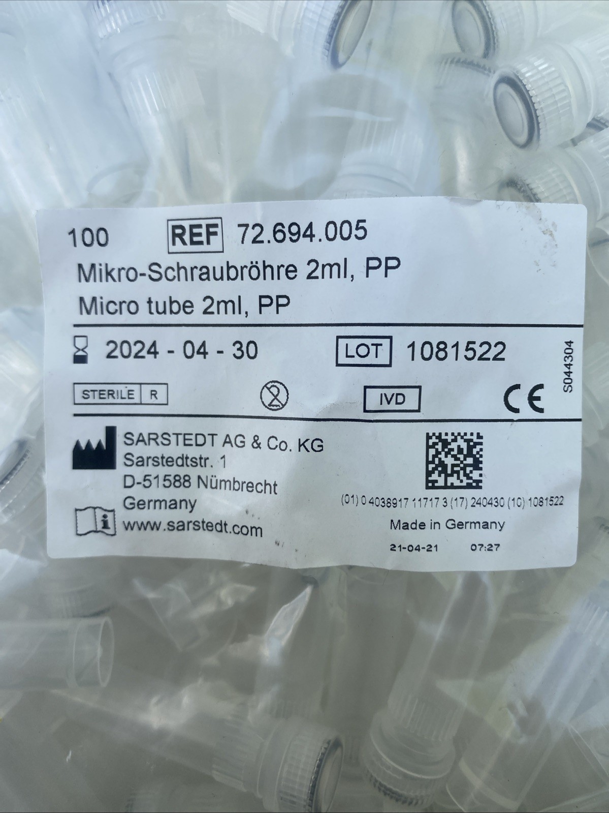 100/pack 2ml individual screw cap miniature screw cap tubes 72.694.005