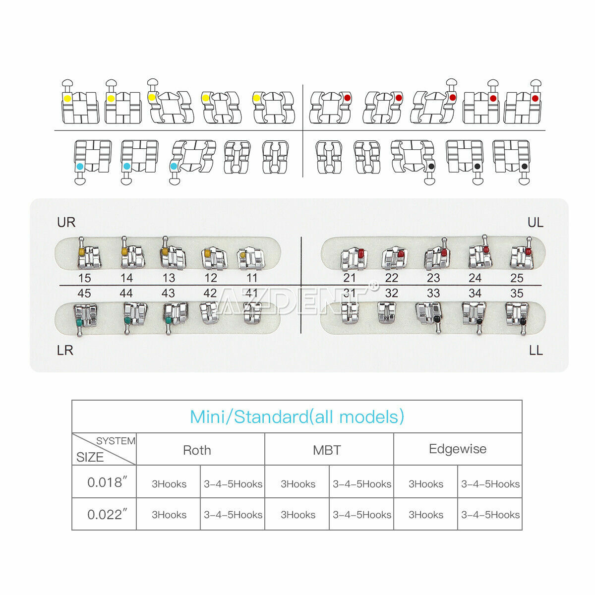 10packs AZDENT Dental Braces Brackets Mini/Standard MBT/Roth 022/018 Hooks 3 4 5