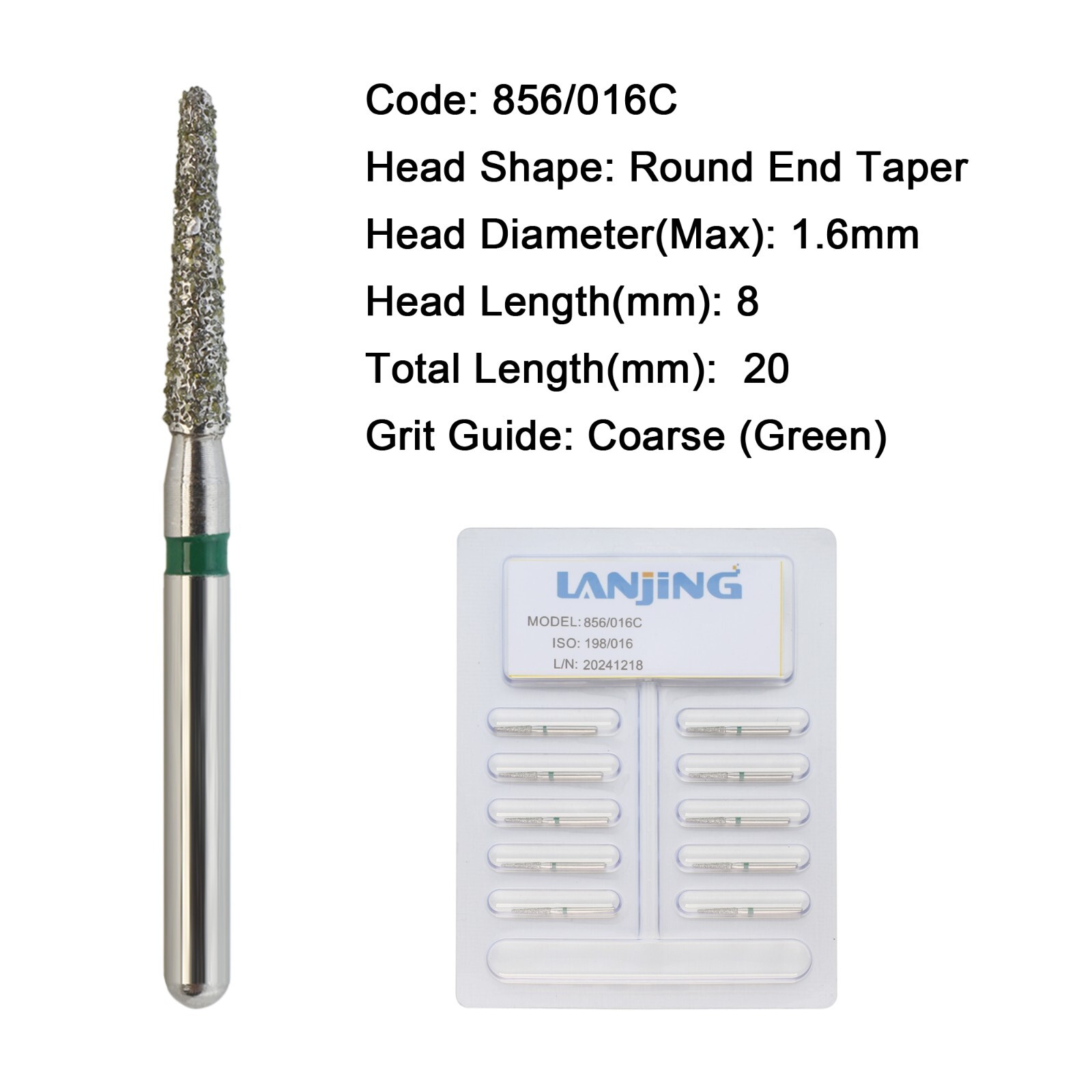 Dental Diamond Burs FG 856/016C Round End Taper Friction Grip Coarse Grit Green