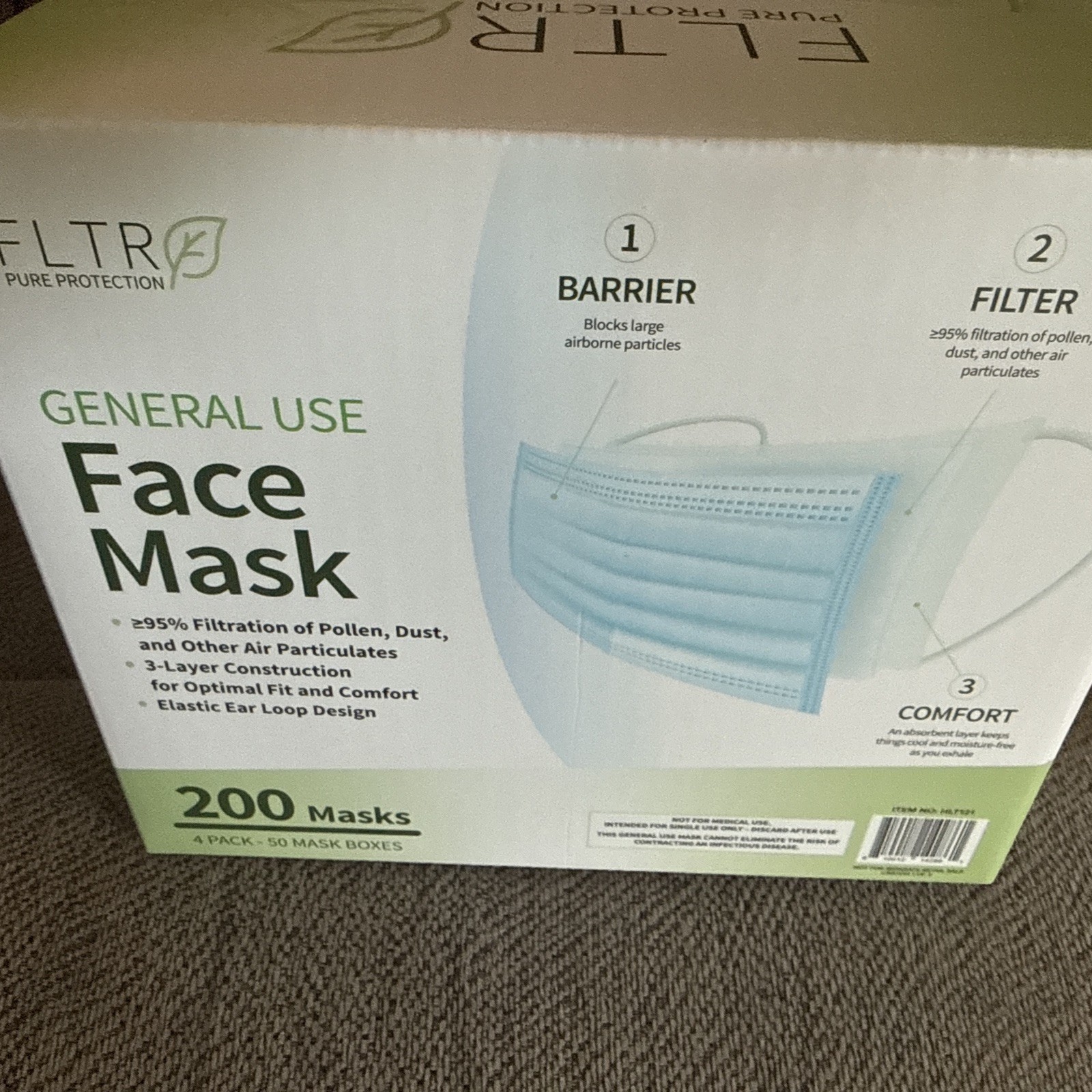 FLTR Pure Protection General Use Face mask 3 Layer/Ear Loop Design 200 Masks