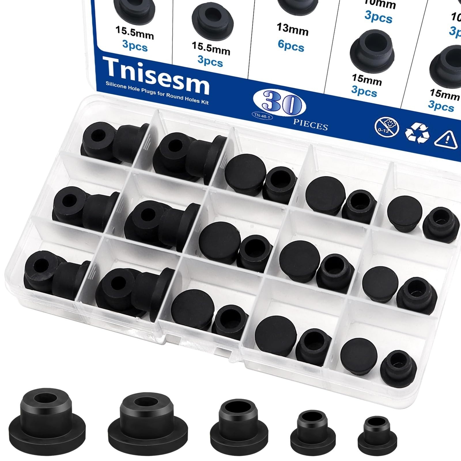 25Pcs Black Rubber Stoppers Assorted Sizes for Lab Use