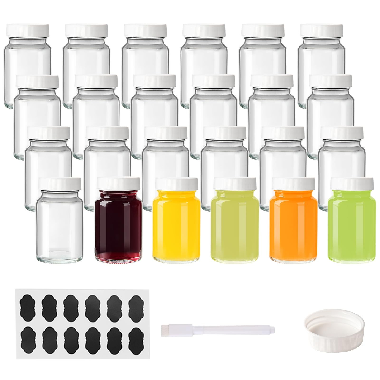 24 Pack 2 oz Reusable Small Glass Bottles with Lids, Wellness 2oz_24pack