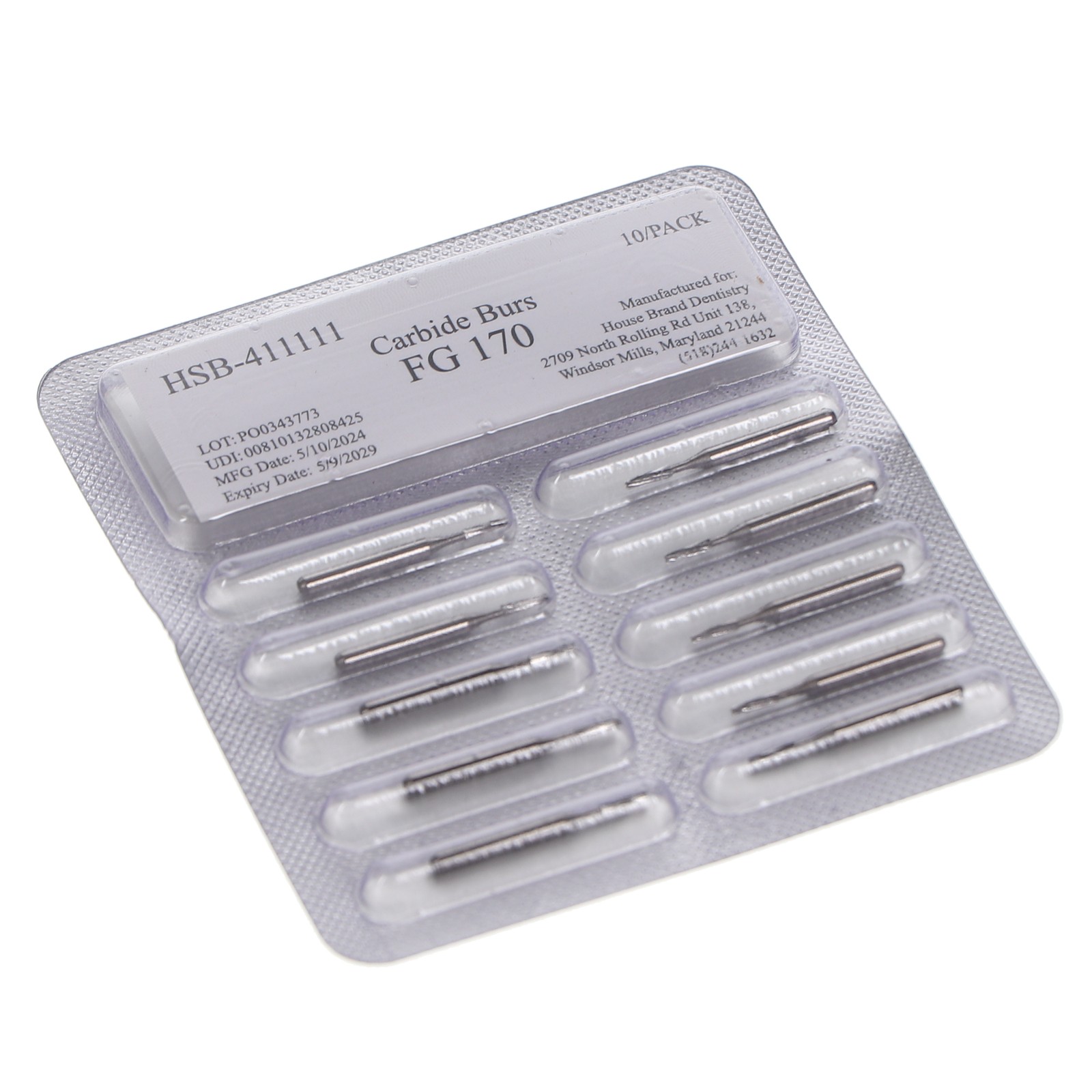 House Brand Dentistry 411111 FG #170 Taper Fissure Flat End Carbide Burs 10/Pk