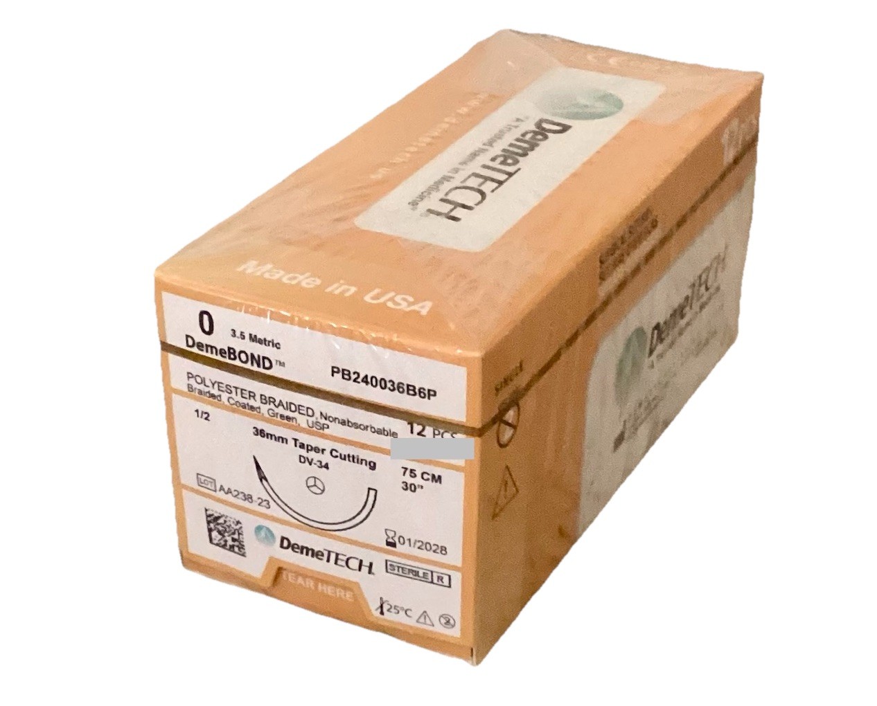 DemeBOND 0 USP Polyester Sutures 30” DV-34 36mm 1/2c EXP 2028 NEW SEALED