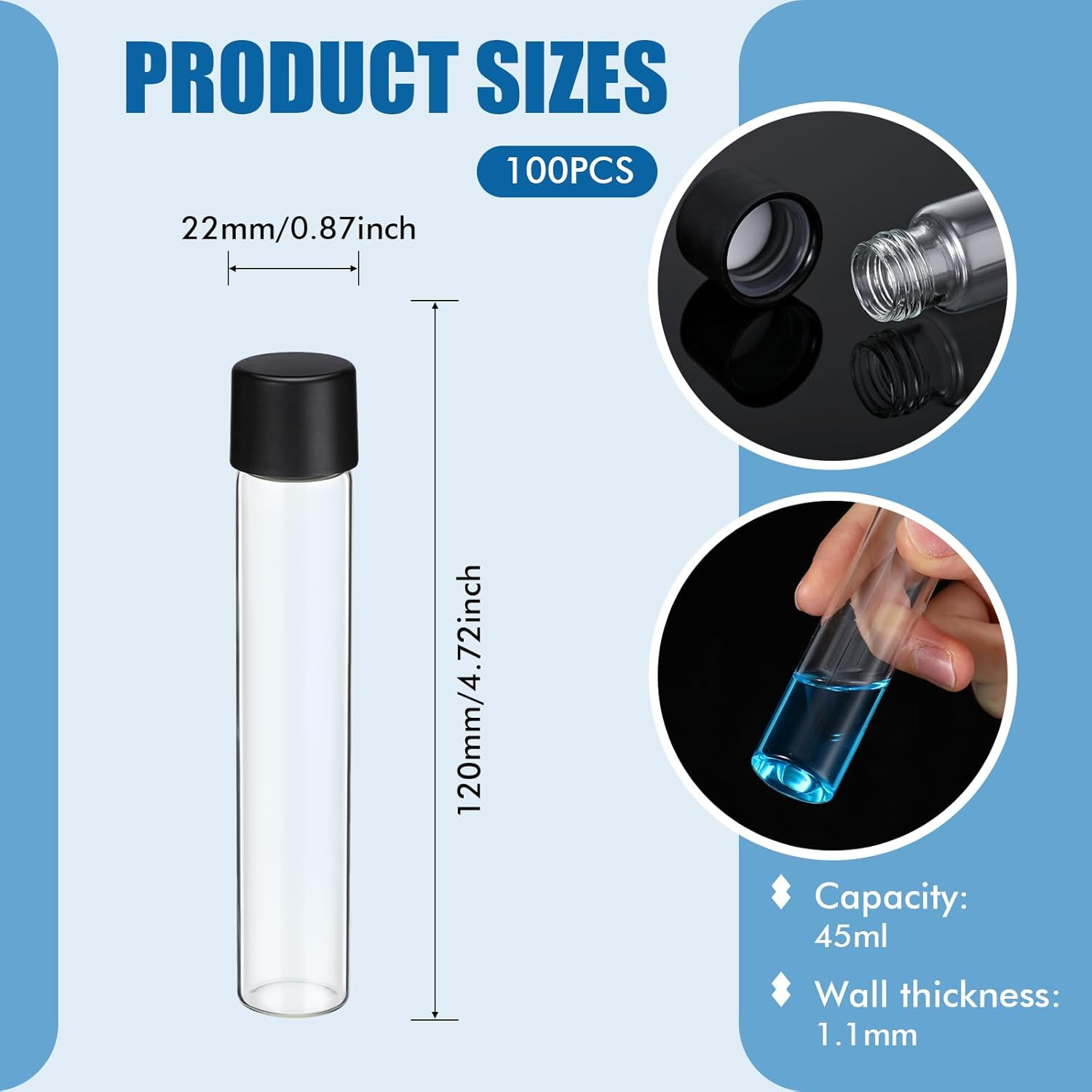 100 Pcs 30Ml Glass Test Tubes Vial with Black Screw Cap 22X120Mm, Clear Stoppers