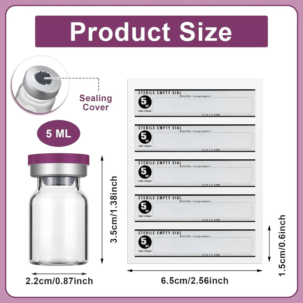 20pcs 5ml Sterile Empty Glass Vials with Self Healing Injection Port + Labels