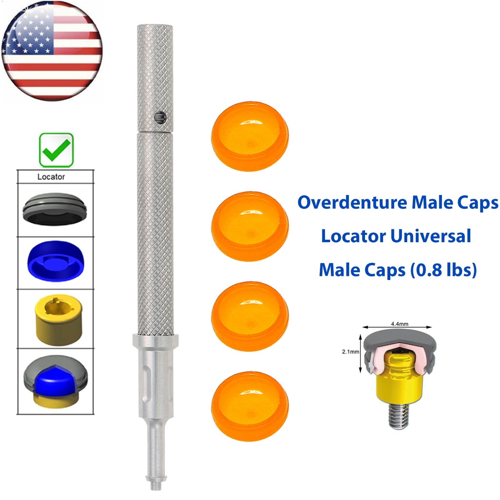 US Dental Locator Overdenture 0.8lbs Soft Retentive Caps Insert Extraction Tool