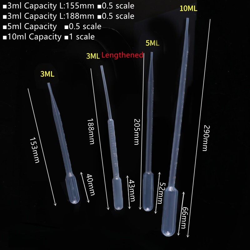 100 X Plastic Pipette Liquid Transfer Graduated Dropper 0.2/0.5/1/2/3/5/10ml