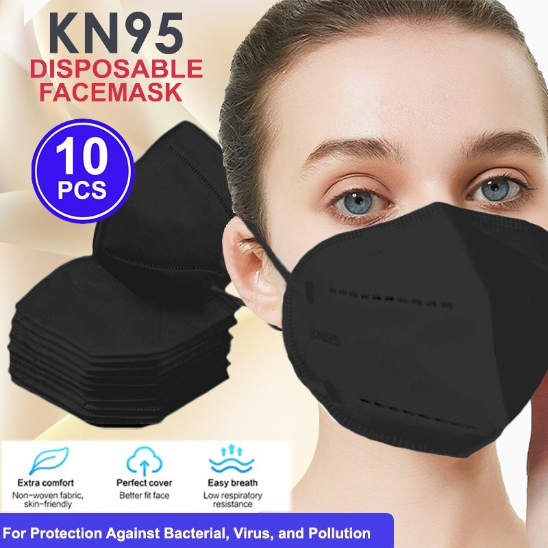 BLACK 5-Layers Breathable KN95 Disposable Protective Face Mask Respirator 10PCS