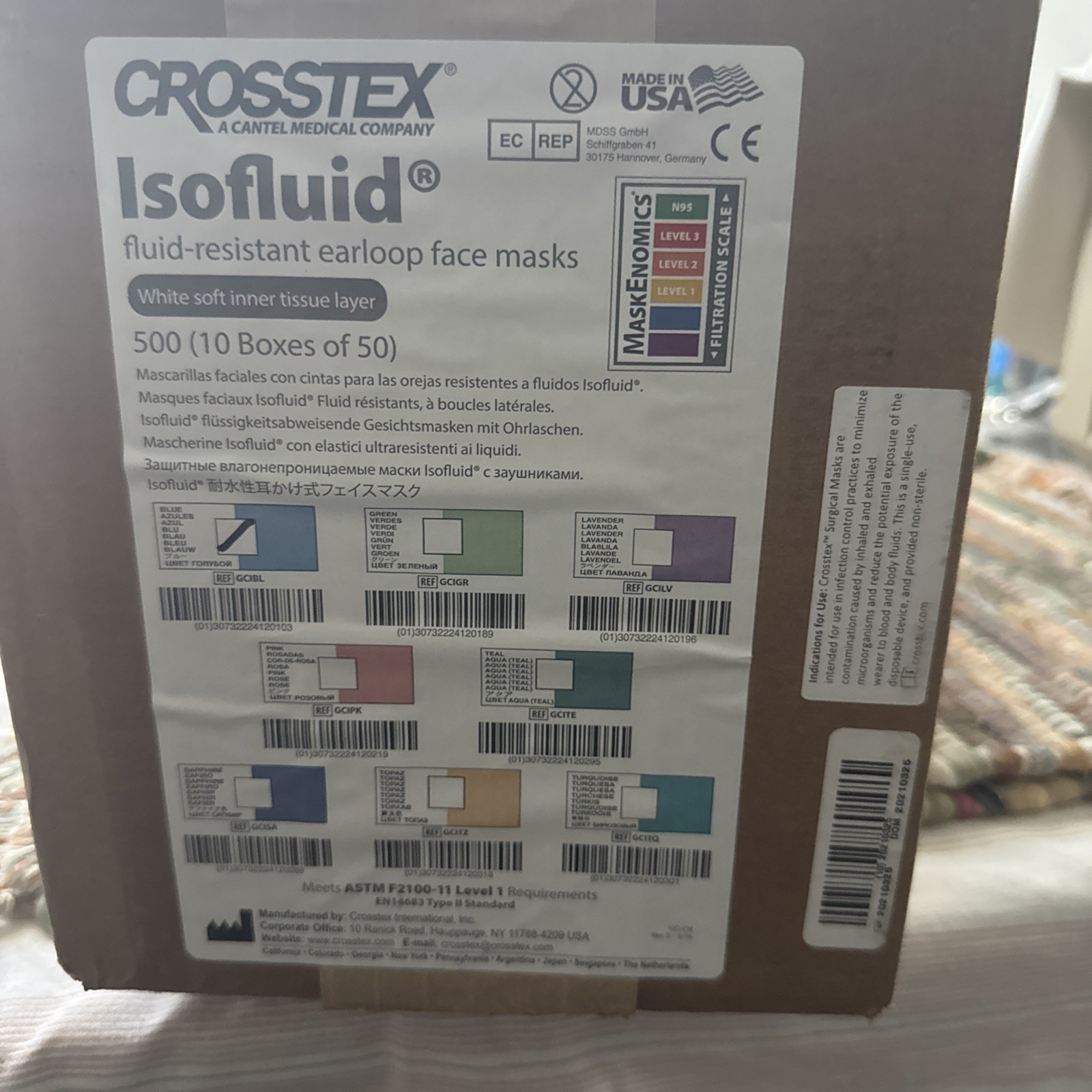 Crosstex Isofluid Earloop Face Mask. 10 Boxes Of 50 Per Case Or 500 Masks