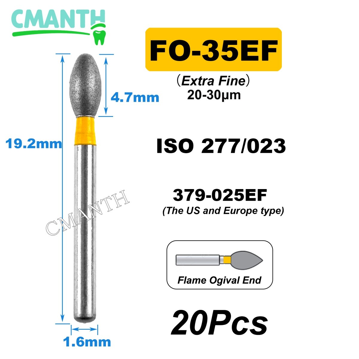 US Fine Dental Burs Diamond Burs High Speed Turbines Drills Tools 1.6mm 20pcs