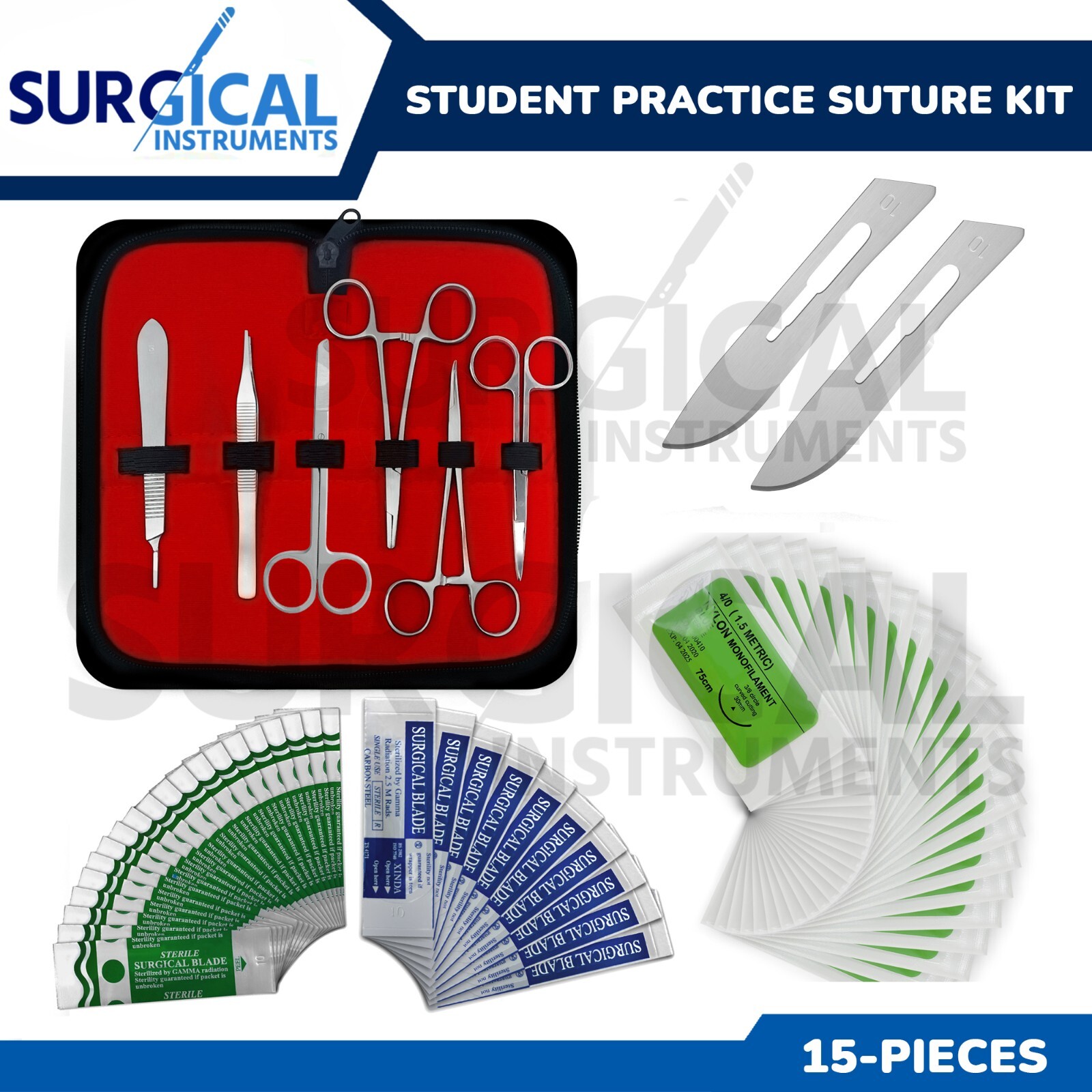 15 Pcs Practice Suture Set with Case for Medical and Veterinary Student Training
