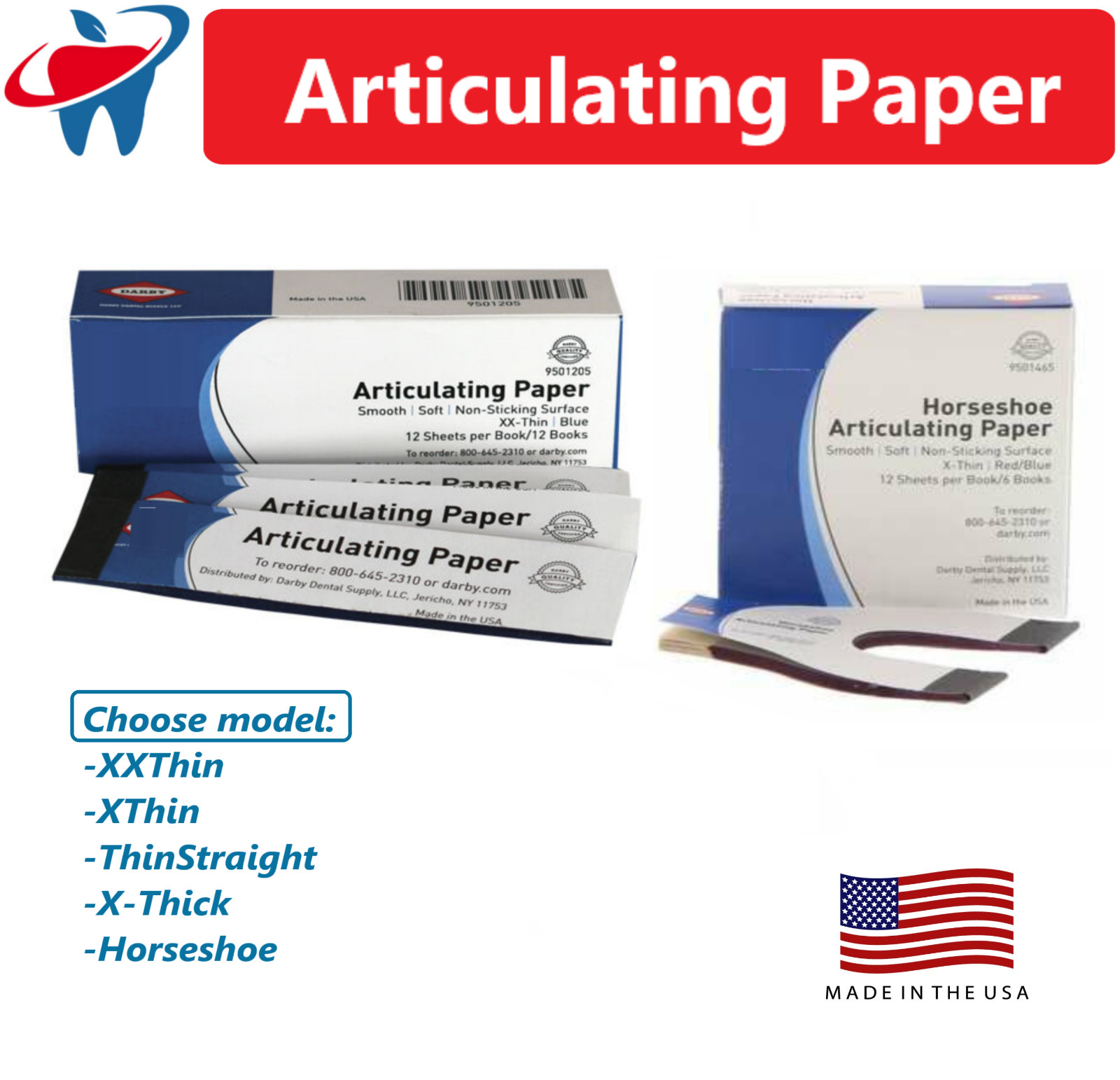 Dental Articulating Paper Thick / Thin / X-Thin / XX-T Sheets 144/Box Made in US