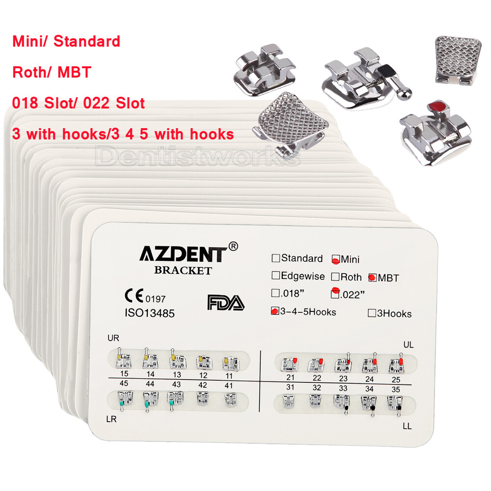 AZDENT Dental Orthodontic Metal Brackets Braces Mini/Standard, Roth/MBT .022/018
