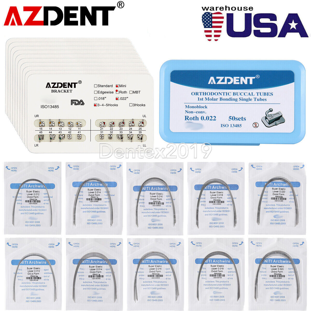 AZDENT Dental Ortho Brackets Braces /Niti Round Arch Wires/1st molar Buccal Tube
