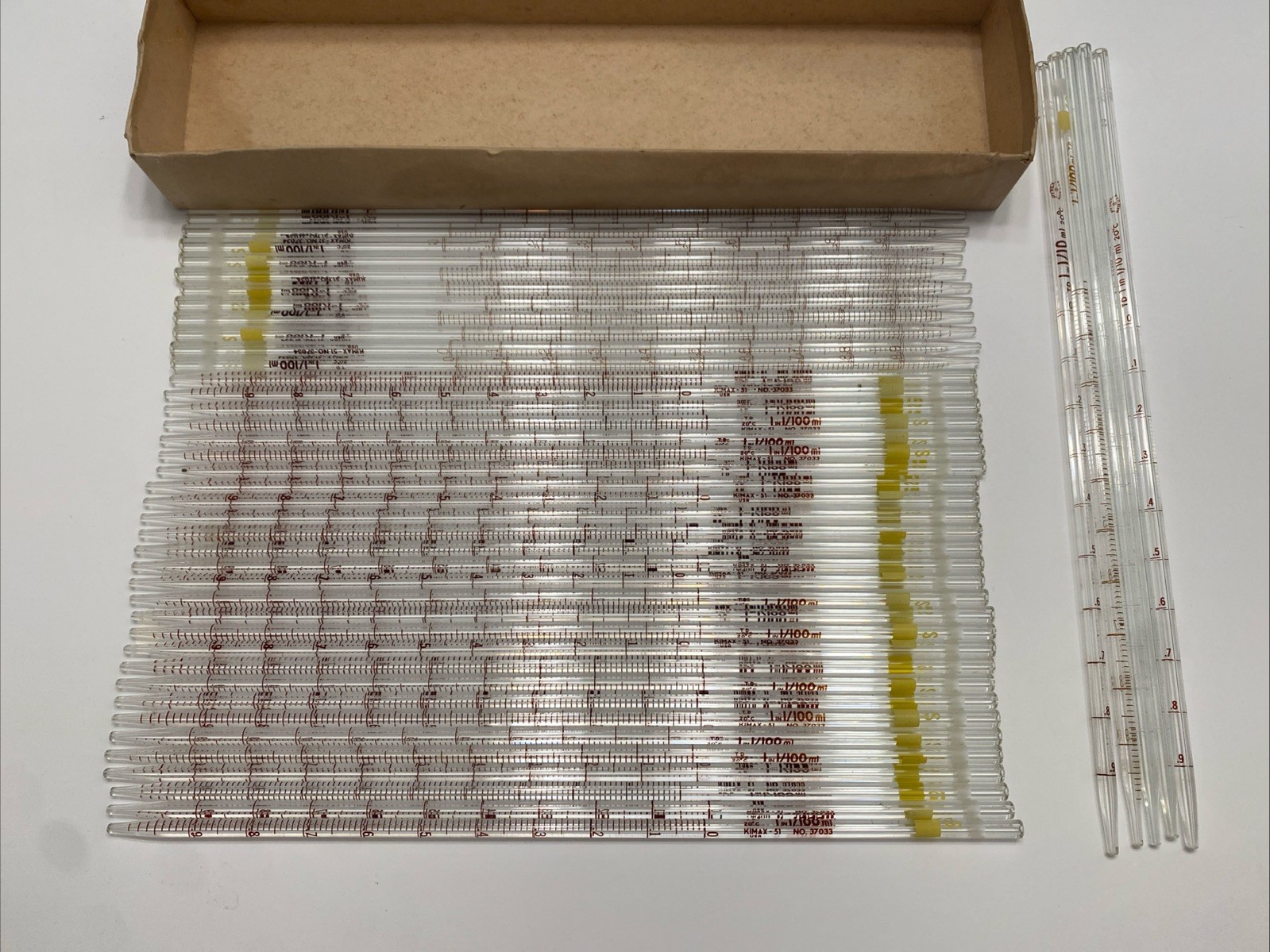 Lot Of 44 Mixed Kimble Kimax Glass Pipettes Pipets Various Sizes 37033, 37034