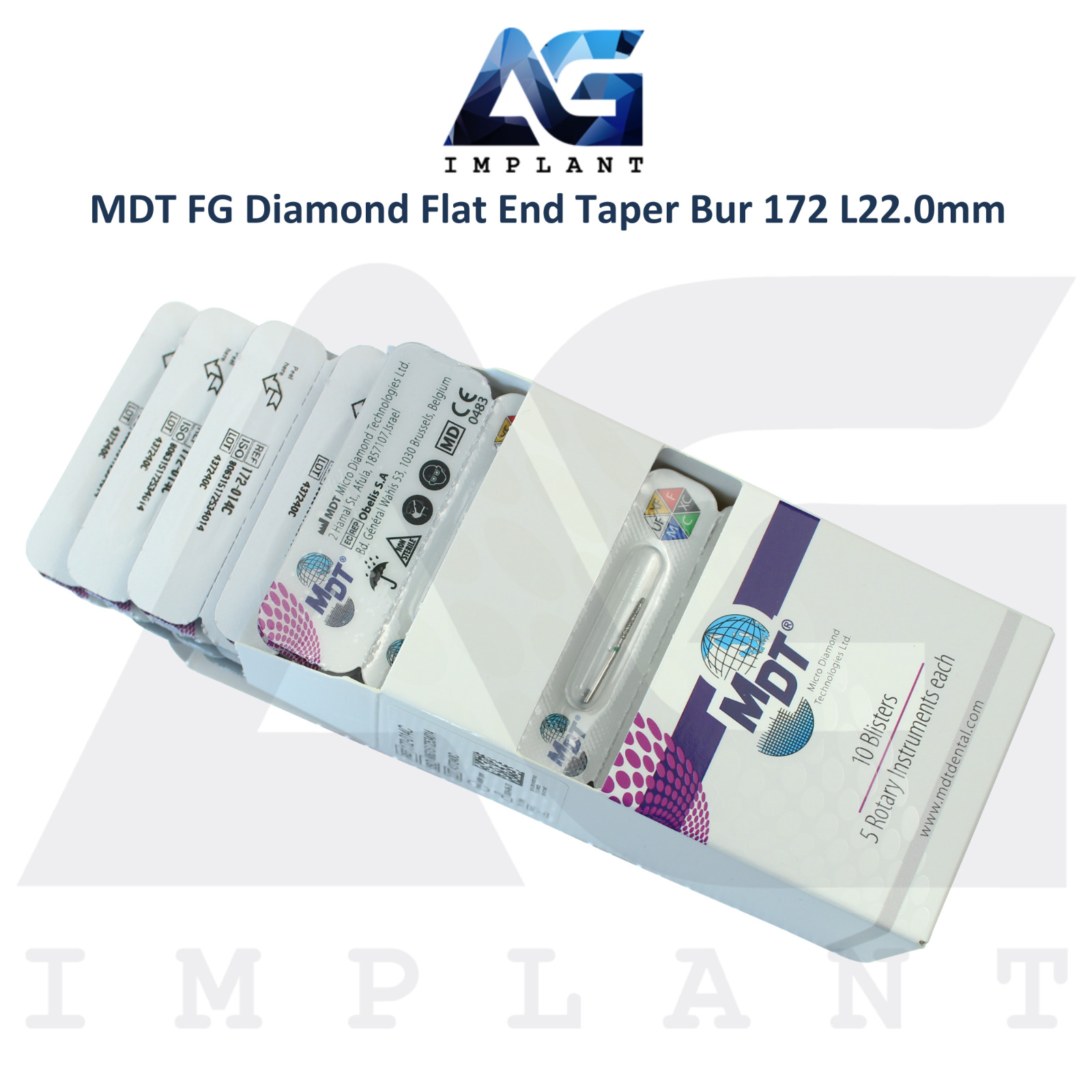 MDT Dental FG Diamond Coated Flat End Taper Burs 172 L22.0mm Crown Preparation