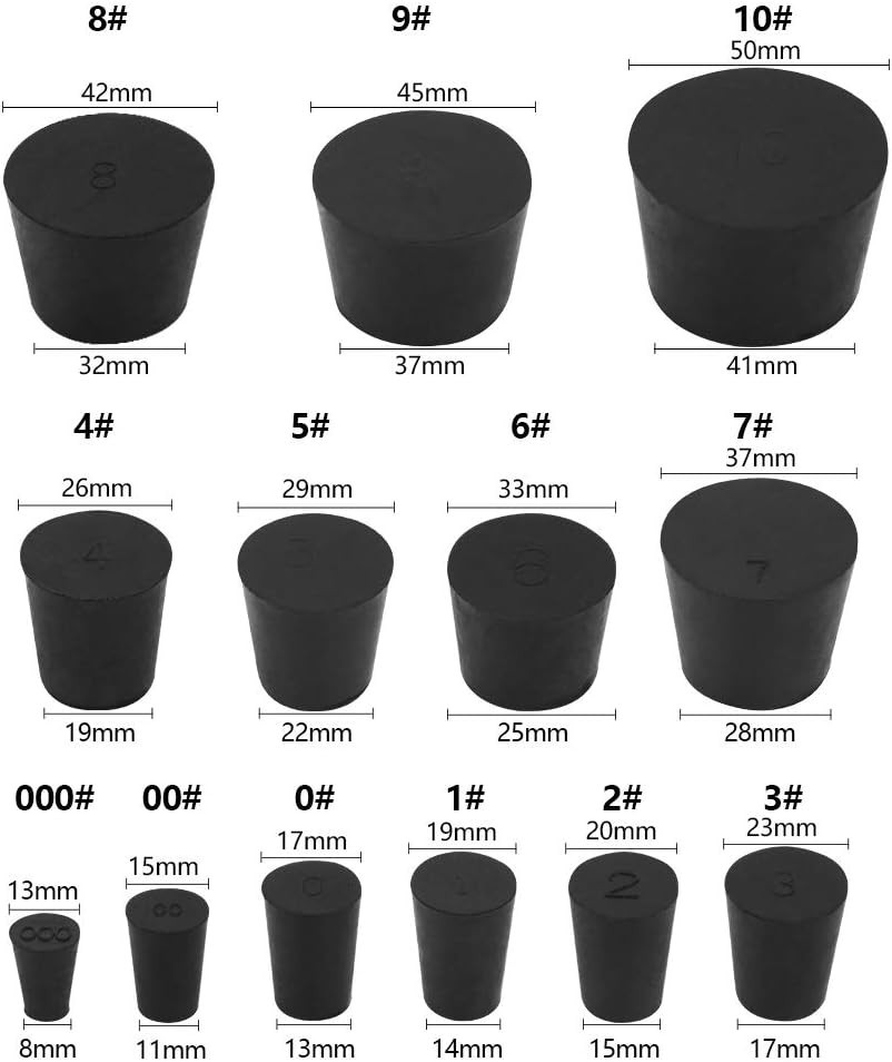34 Pack Solid Rubber Stoppers 13 Assorted Sizes 000# – 10# Black Tapered Lab B