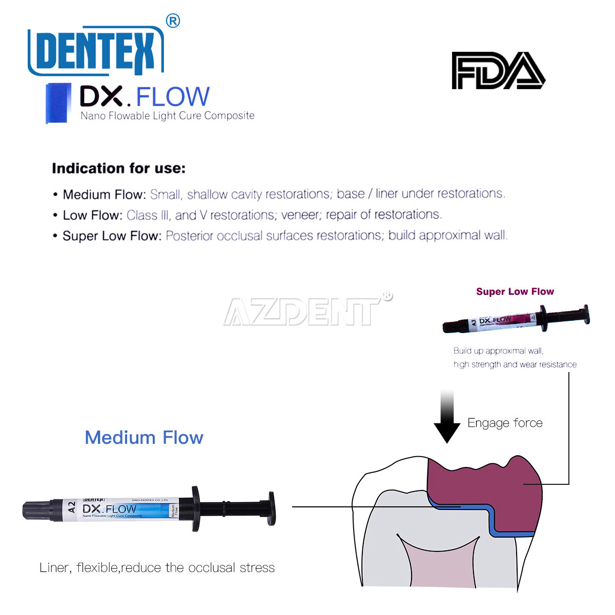 Dentex Dental Flowable Light Cure Composite Resin Medium/Low Flow A1 A2 A3