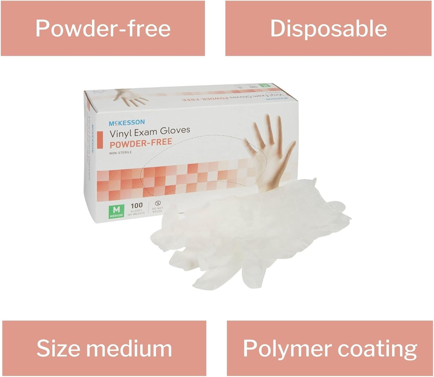 Vinyl Exam Gloves, Non-Sterile, Powder-Free, Medium, 100 Count, 1 Box