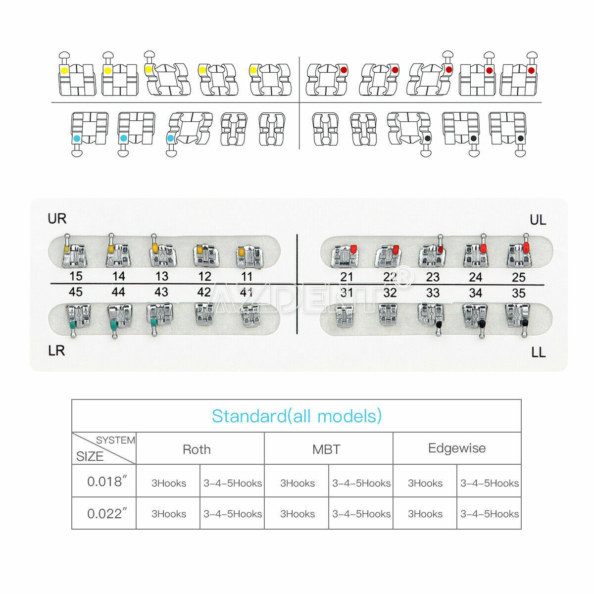 10 Packs AZ Dental Orthodontic Brackets Standard Braces MBT .018 Hooks 3-4-5