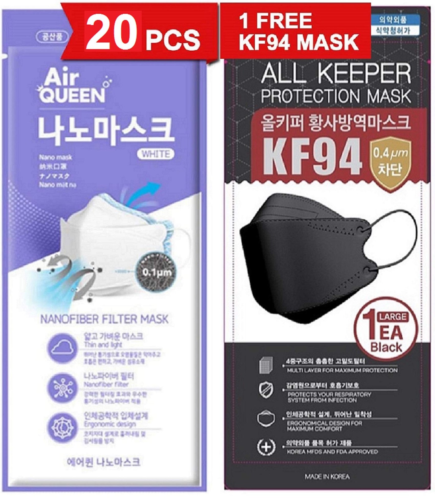 [20 Pack] [Queen] White 3-Layers Safety for Adult + 1 [Black] All Keeper KF94…