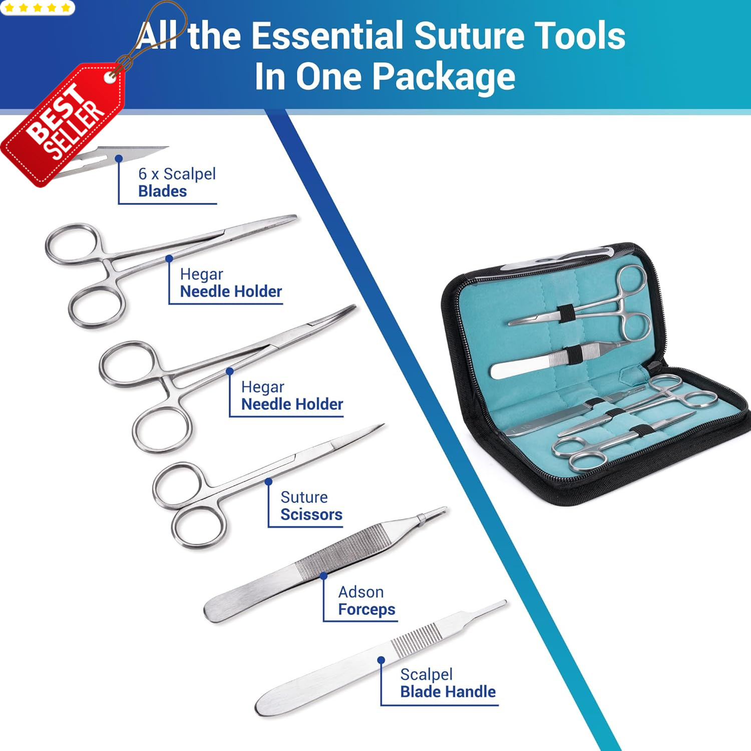 Sterile Sutures Thread & Needle Kit 16 Mixed Sizes w/ 12 Tools 28pc – US