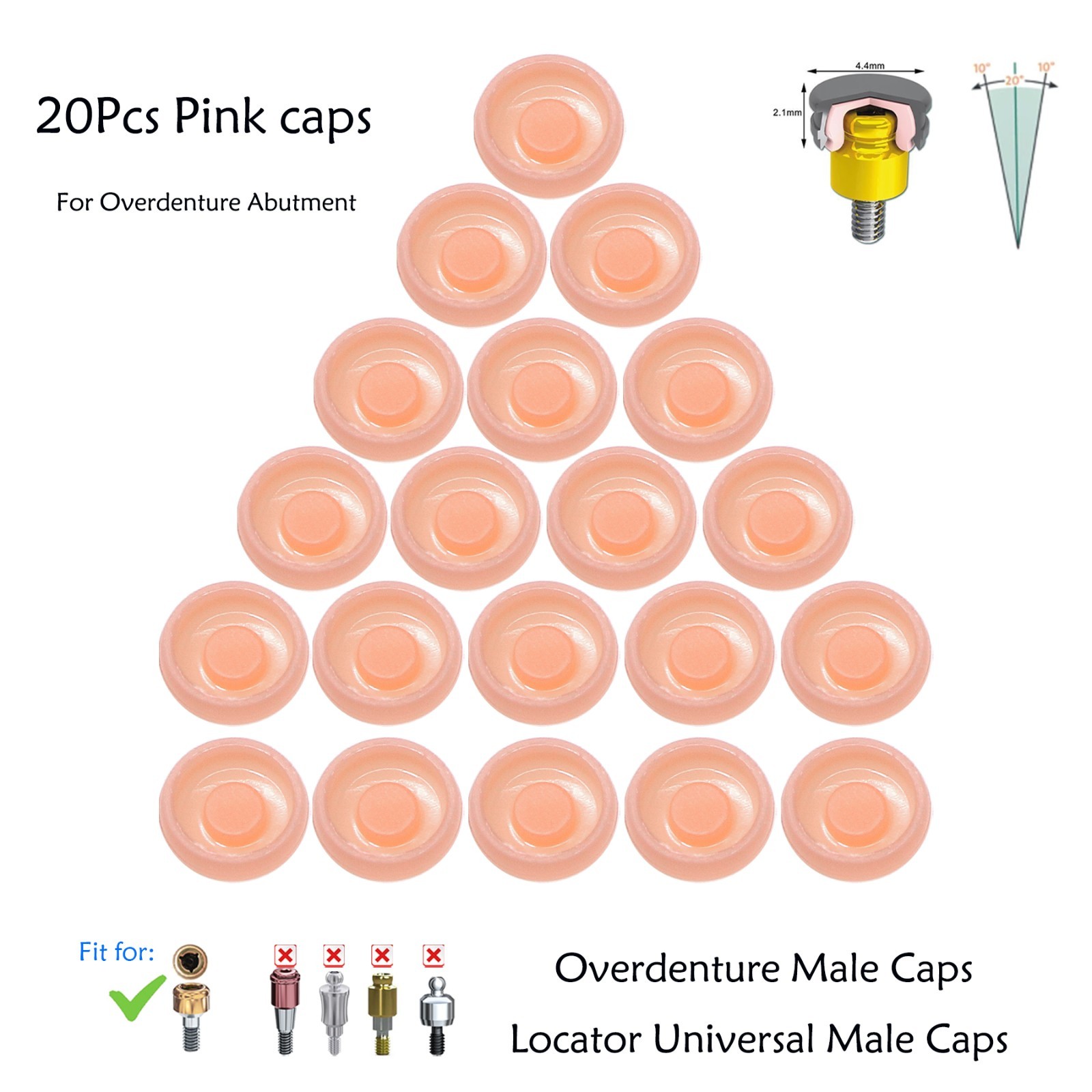 20Pcs Universal Dental Overdenture Replacement Cap for Zest Locator Male Inserts