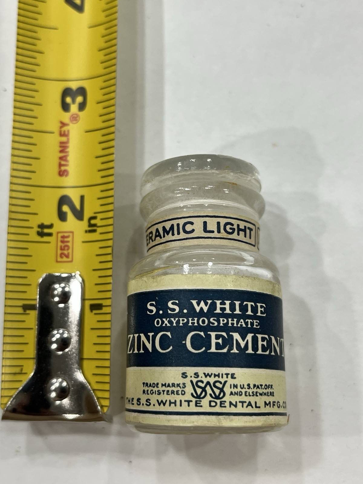 S.S. White “Zinc Cement Ceramic Light” Dental Glass Stopper Bottle