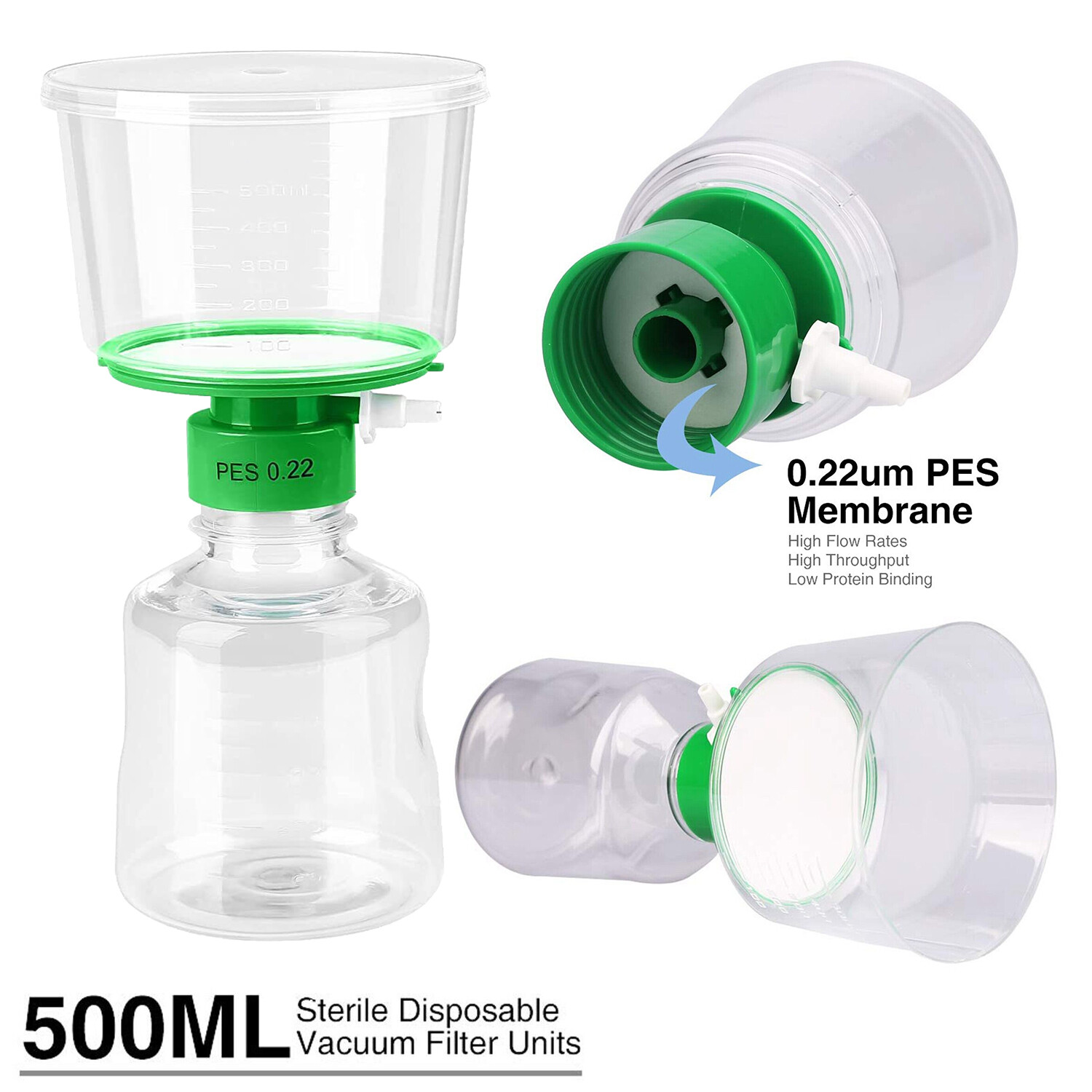 500mL Sterile Bottle Top Vacuum Filter Units with 0.22um PES Membrane Pack of 4