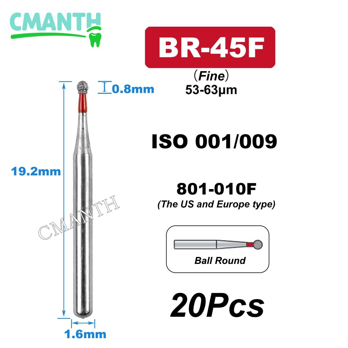 US BR Type Dental Diamond Burs Dentistry Strawberries High Speed Bur 1.6mm 20Pcs