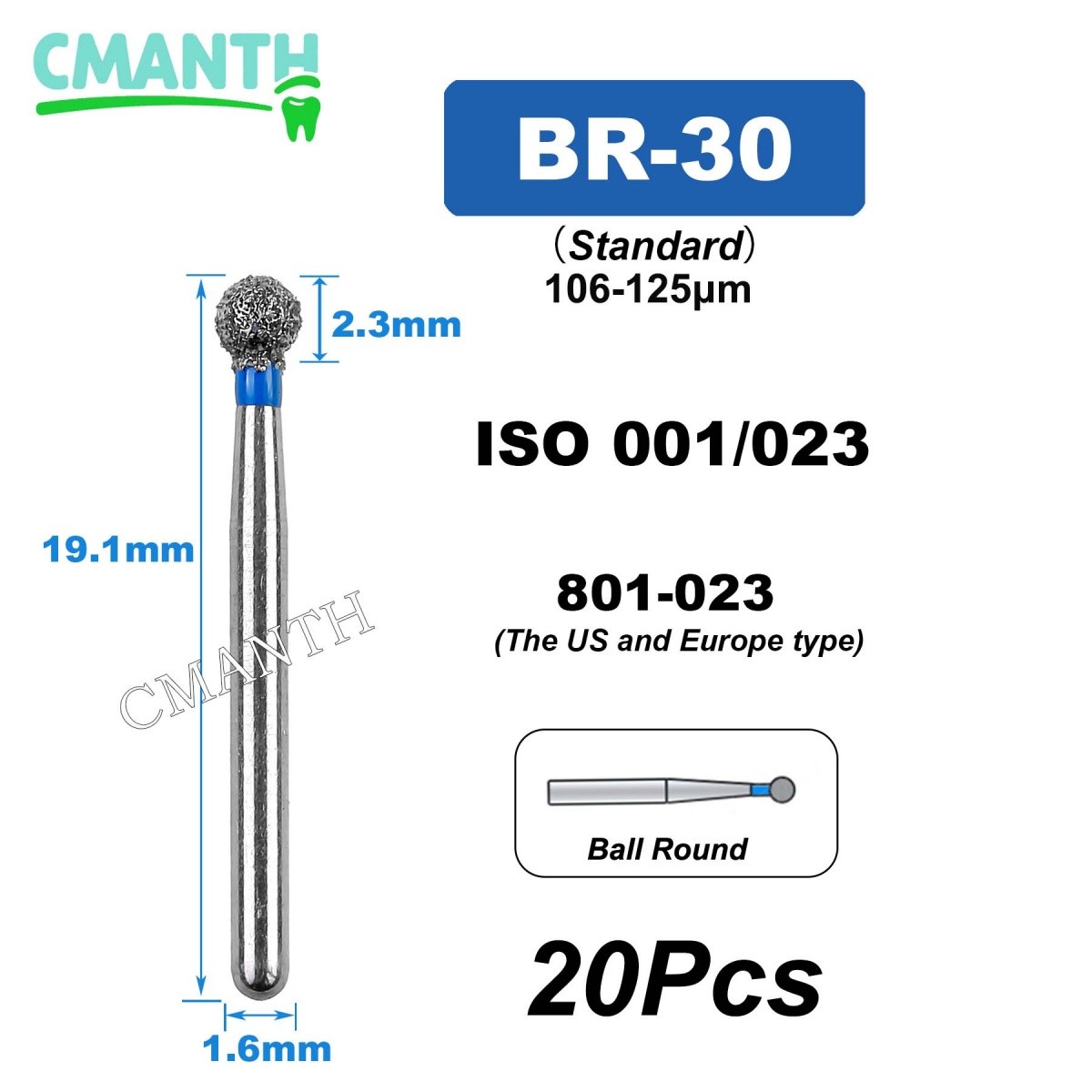 US BR Type Dental Diamond Burs Dentistry Strawberries High Speed Bur 1.6mm 20Pcs