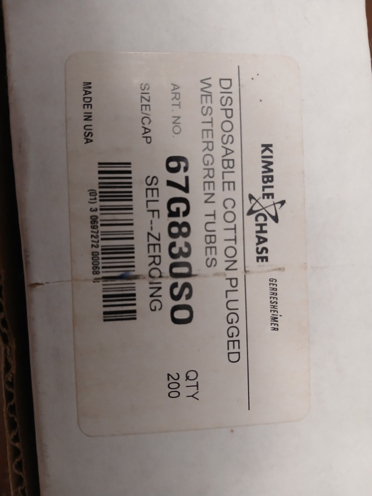 KIMBLE CHASE 67G83SO DISPOSABLE COTTON PLUGGED WESTERGREN TUBES 190 Tubes