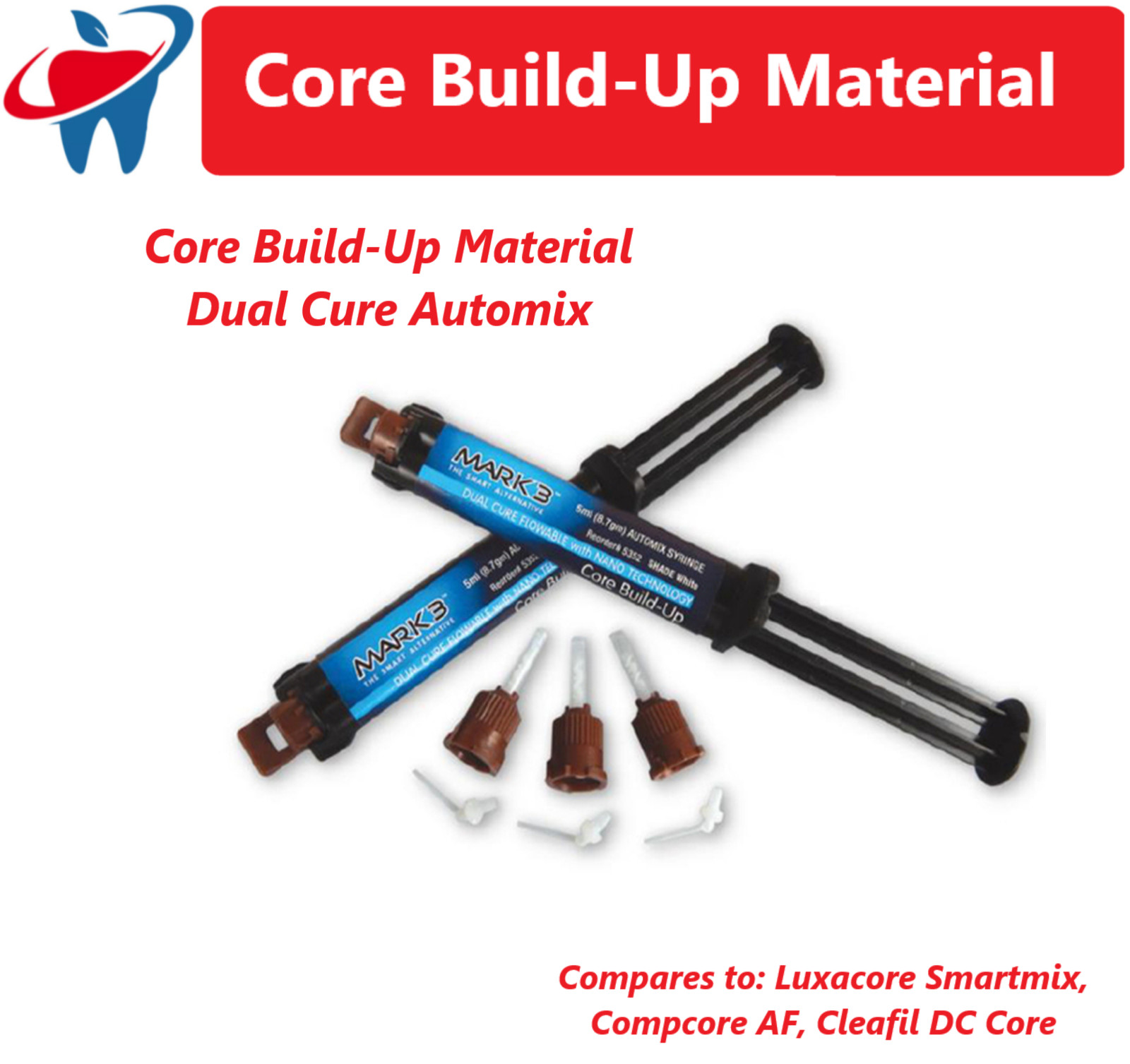 Dental Core Build-Up Material Dual Cure Automix Syr 1-2/pk Shade: A3, White Blue