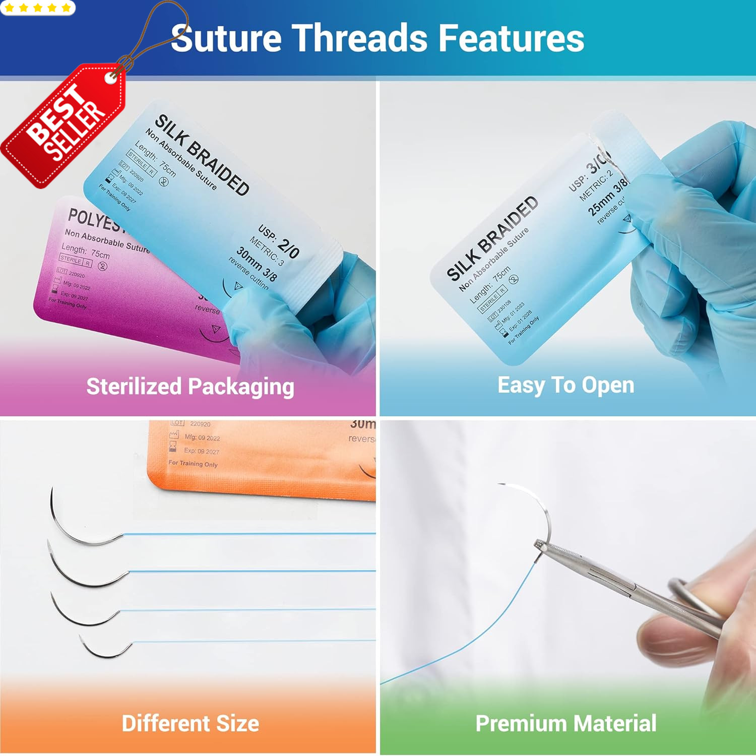 Sterile Sutures Thread & Needle Kit 16 Mixed Sizes w/ 12 Tools 28pc – US