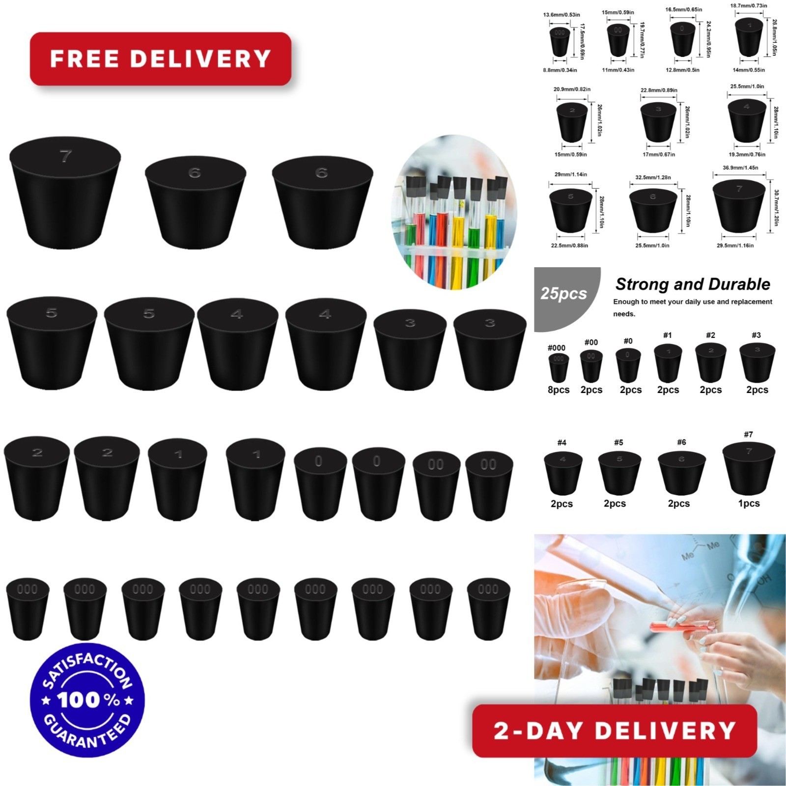 25Pcs Black Rubber Stoppers Assorted Sizes for Lab Use